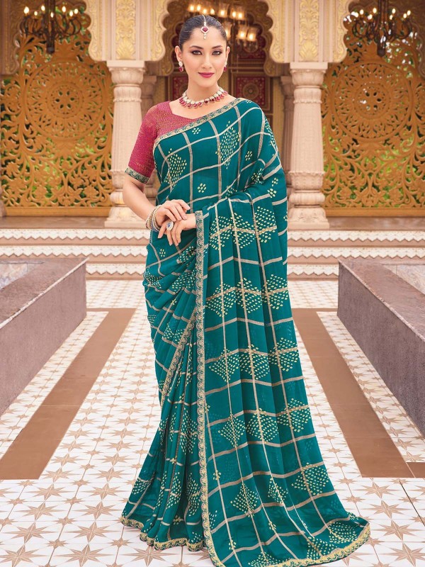 Teal Blue Georgette Chiffon Bandhani Print Saree